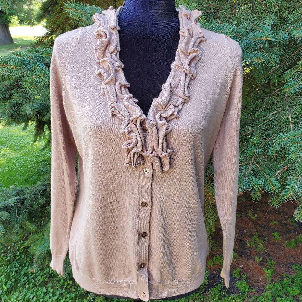 Talbots Tan Ruffle Button Cardigan